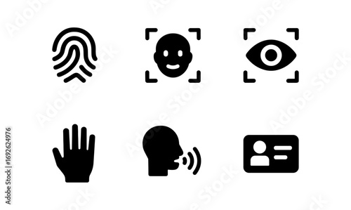 Biometric authentication icons set featuring fingerprint, facial recognition, and id symbols