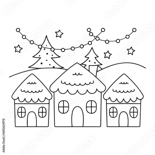 Cozy winter village with decorated Christmas trees and string lights Keywords: cartoon, village, houses, winter, snow, trees, Christmas tree, string lights, garland, stars, cute, simple, outline