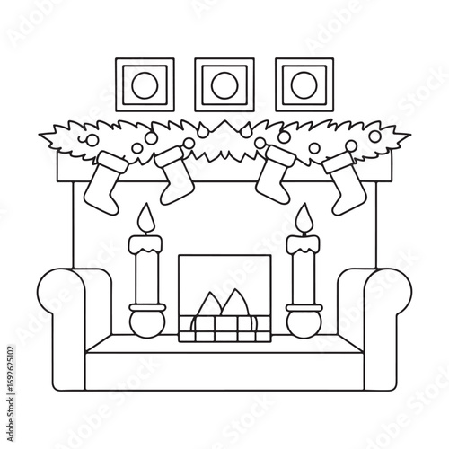 Christmas Fireplace with Stockings and Candles Line Art pictures hearth