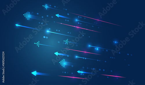Abstract background with glowing neon arrows and digital light stripes on dark blue background. Futuristic concept of technology, data transfer, speed and innovation.