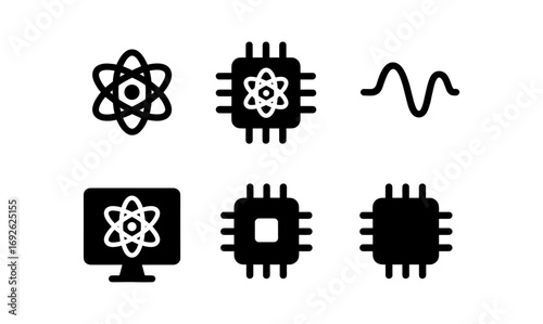 Minimalist technology icons set: atom, microchip, and wave symbols