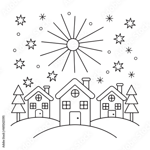 Cheerful winter scene with houses, trees, stars, and a sunburst Keywords: cartoon, houses, winter, snow, trees, stars, sunburst, cheerful, simple, outline, drawing, illustration, design, graphic
