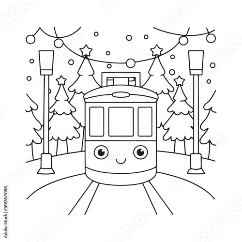 Happy cartoon tram with smiling face decorated with Christmas lights and trees train vehicle