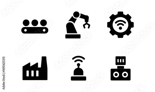 Modern industrial automation icons set: conveyor, robot arm, wireless technology, factory, robotics