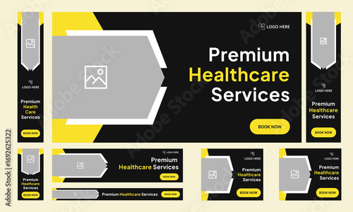 	
Digital healthcare services web set banner design for social media post, modern medical services web bundle banner design, fully customizable vector eps 10 file format
