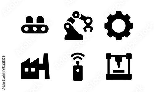 Industrial automation icons: robotics, machinery, and manufacturing symbols in black silhouette style