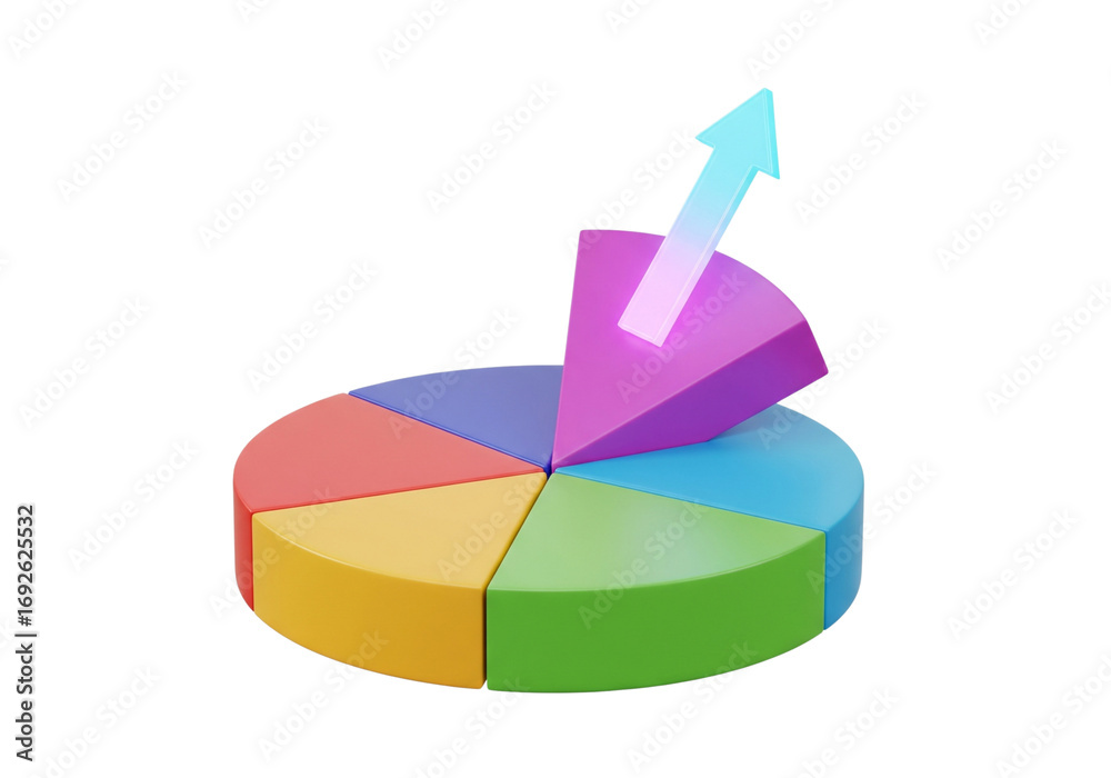 Obraz premium Dynamic Pie Chart: Rising Segment & Upward Arrow Symbolizing Market Share Growth and Business Success