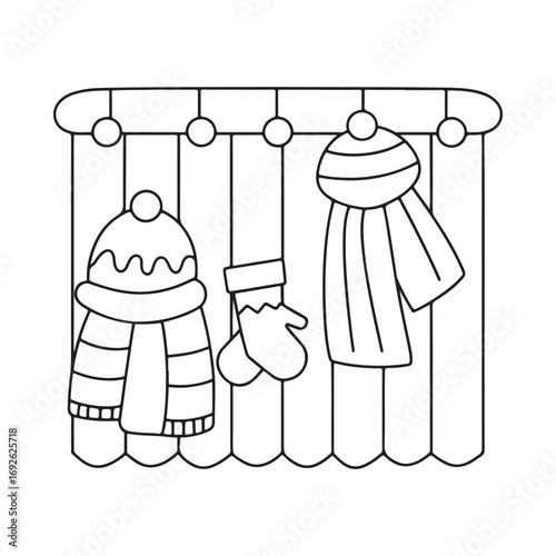 Winter clothing set of hat, scarf, and mittens hanging on a rack Keywords: cartoon, winter, clothing, hat, scarf, mittens, gloves, hanging, rack, hooks, striped, knitted, warm, cozy, cute, simple