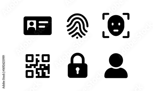 Minimalist security icons: fingerprint, face id, and privacy elements