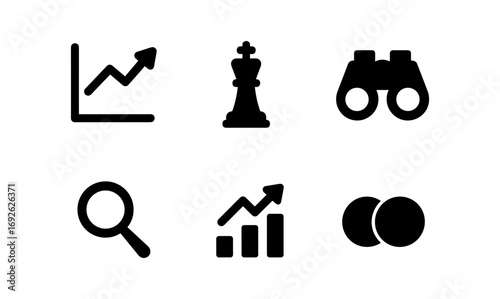 Set of minimalist icons featuring growth chart, chess piece, and search elements