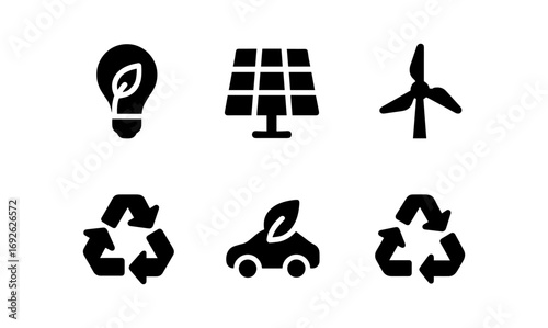 Eco-friendly icons: energy, recycling, and sustainability symbols in silhouette style