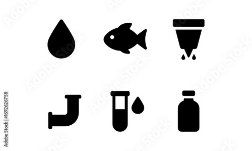 Essential icons set: water conservation, fish, filtration, pipe, test tube, medicine bottle