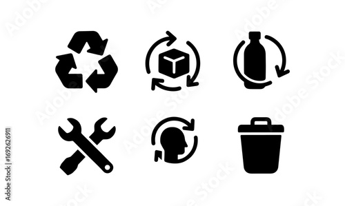 Recycling and waste management icons set in minimalist black silhouette style