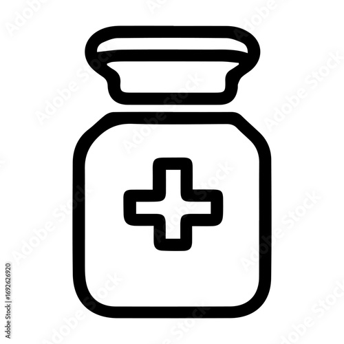 A medicine bottle with a cross and a red cross on it. The bottle is white and black