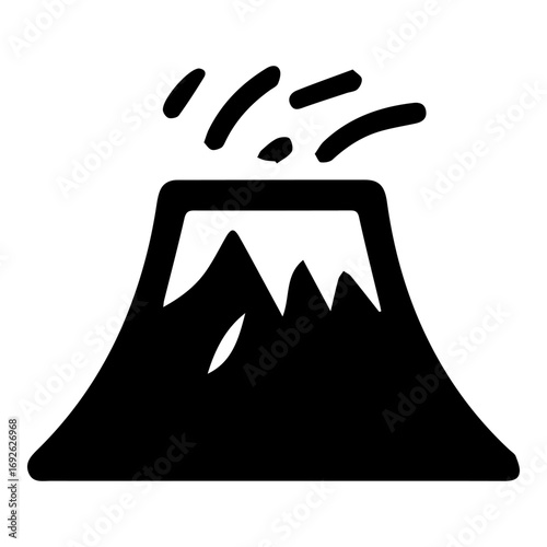 A black and white drawing of a volcano with a white cloud of smoke coming out of it. The volcano is depicted as a mountain with a cone shape, and the smoke is coming out of the top