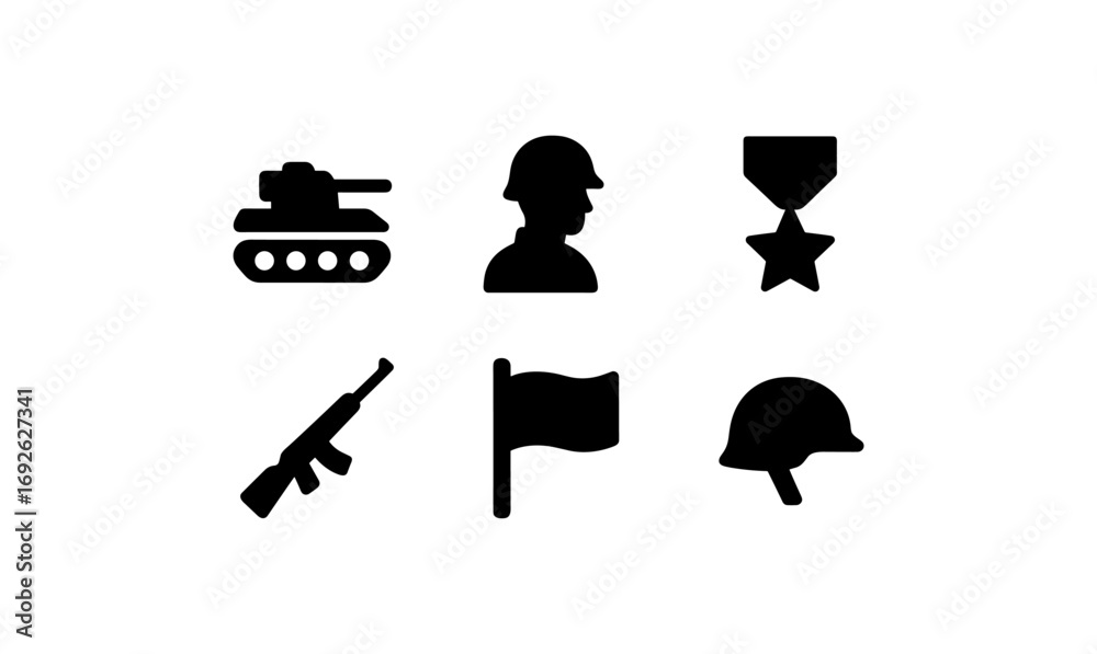 Obraz premium Military icons set: tank, soldier, medal, rifle, flag, helmet