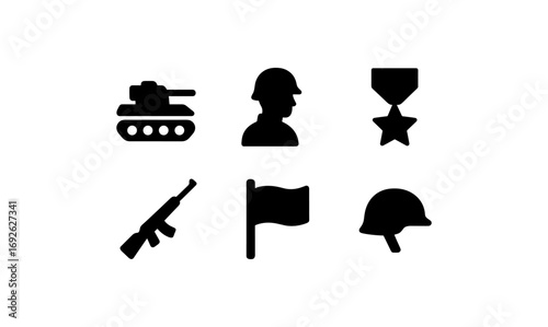 Military icons set: tank, soldier, medal, rifle, flag, helmet