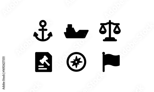 Nautical and legal icon set featuring anchor, ship, and justice scale symbols