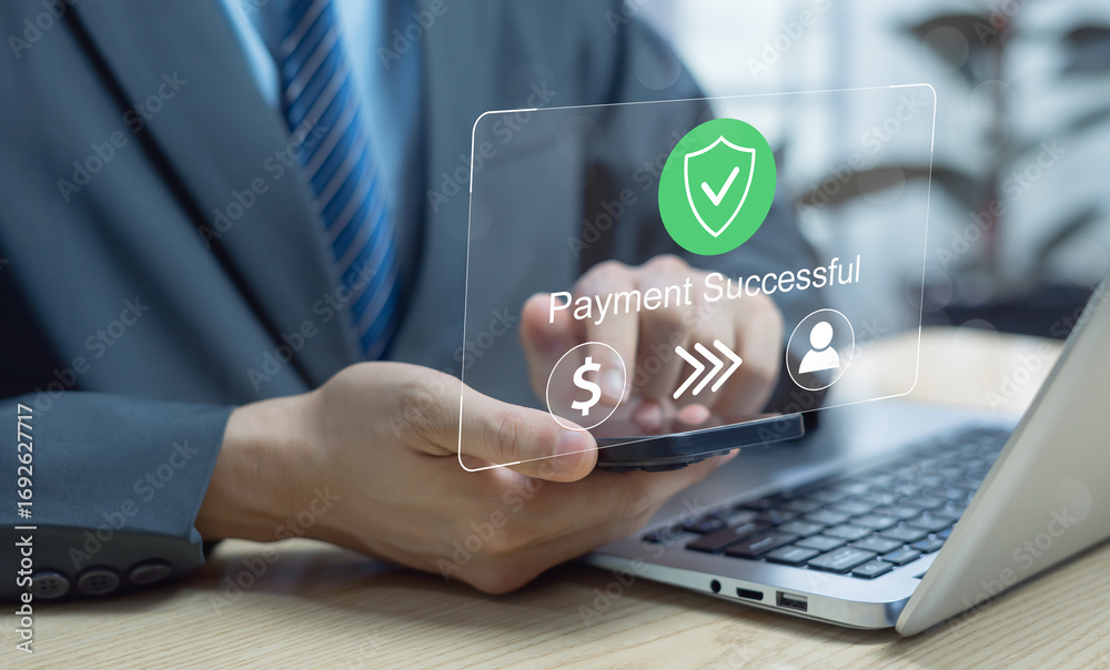 Naklejka premium Businessman using mobile phone for online payments mobile banking and financial transactions representing e-commerce digital finance and financial technology for modern business and shopping solutions