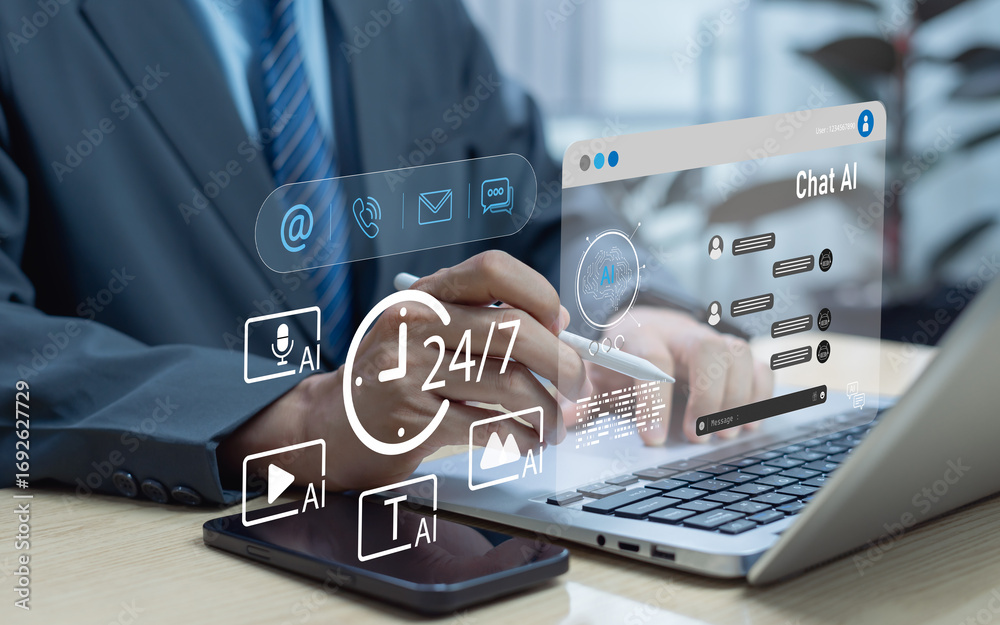 Naklejka premium Customer support concept with chatbot assistant person interacting through online service artificial intelligence, CRM software technology for efficient customer service and digital contact solutions