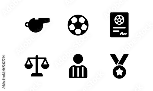 Sports icon set featuring referee, whistle, soccer, medal, and more