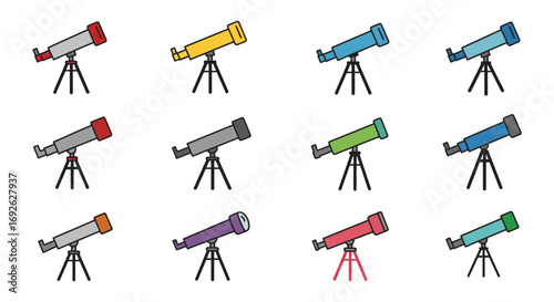 colorful telescopes arranged neatly in rows for observation
