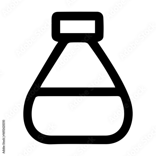 A black and white drawing of a glass bottle with a white background. The bottle is filled with a liquid and has a lid on top