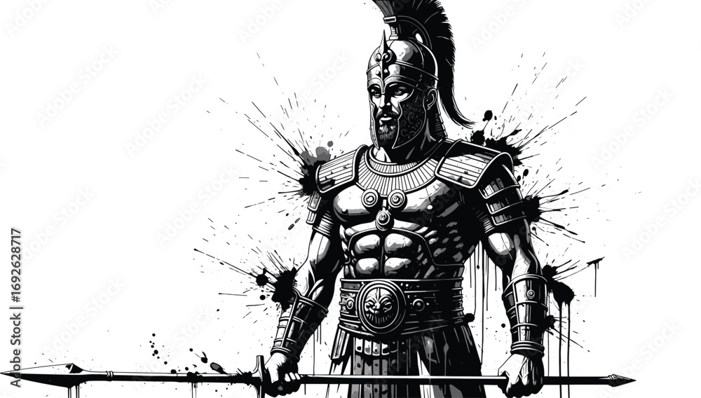 Fototapeta premium Ancient Warrior with Spear, Black and White Illustration