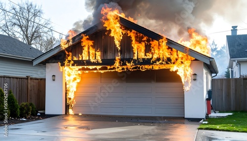 A burning garage in a residential neighborhood. Smoke billows from the roof and flames lick the structure