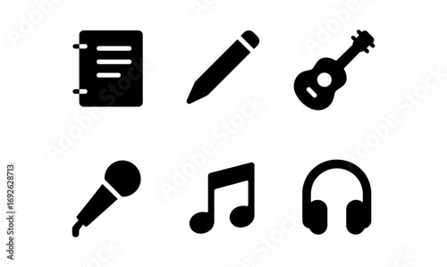 Minimalist icon set featuring music and writing tools in silhouette style