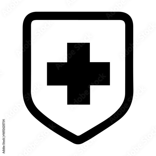 A black and white image of a cross with a white shield and a red cross on it. The image is of a medical symbol