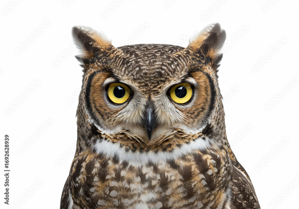 Obraz premium Close-up portrait of a Great Horned Owl facing forward with intense yellow eyes and detailed feather patterns against a white background.