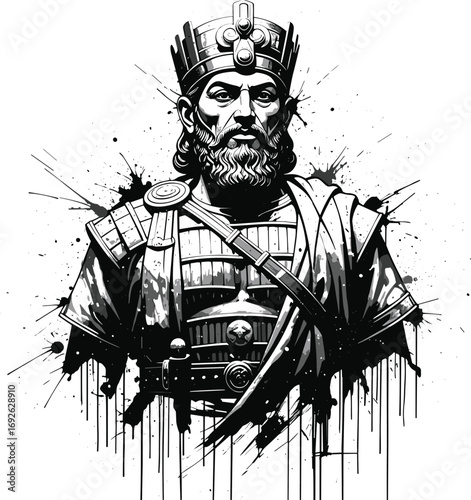 Monochromatic King Portrait with Ink Splatter Effect