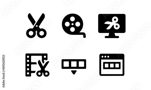 Video editing icons set featuring scissors and film in minimalist style