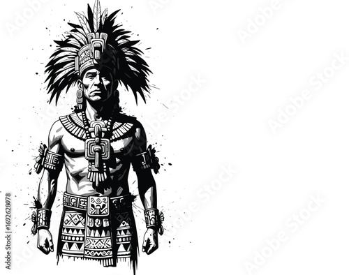 Indigenous Warrior with Feathered Headdress and Ornate Attire