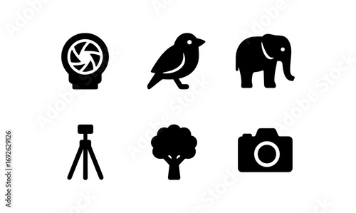 Minimalistic icon set featuring camera, wildlife, and nature elements