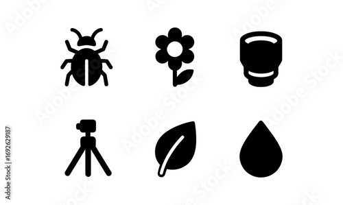 Bold black silhouette icons of nature and photography elements on white background
