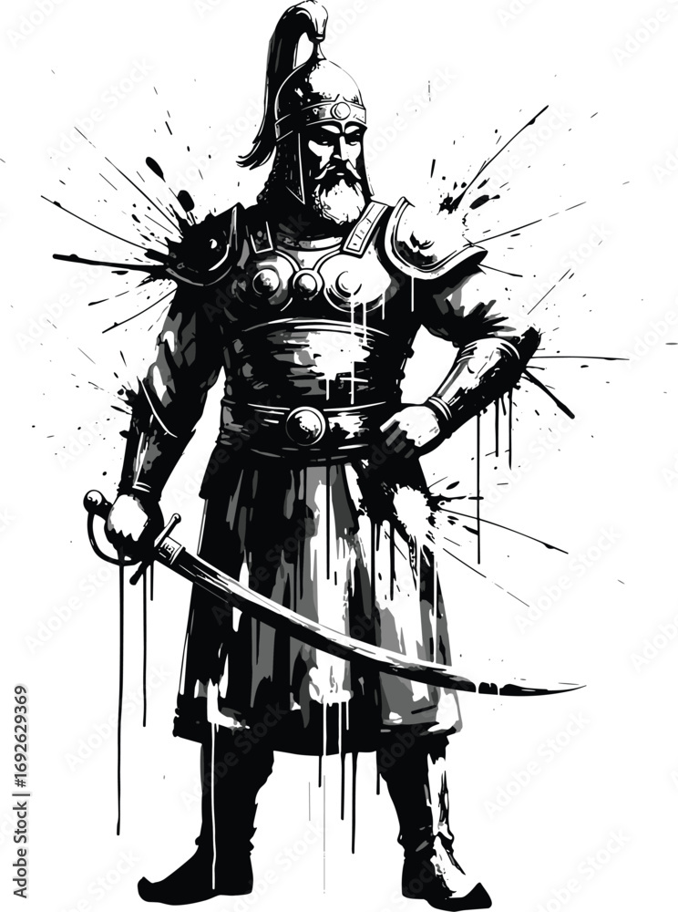 Obraz premium Black and White Warrior with Sword and Armor