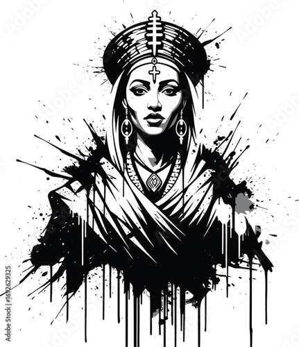 Black and white illustration of an Egyptian queen