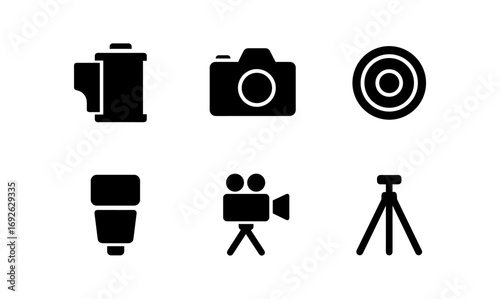 Silhouette camera icons set: photography equipment and accessories collection