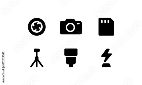 Essential black camera icons featuring lens, tripod, and flash in minimalist style
