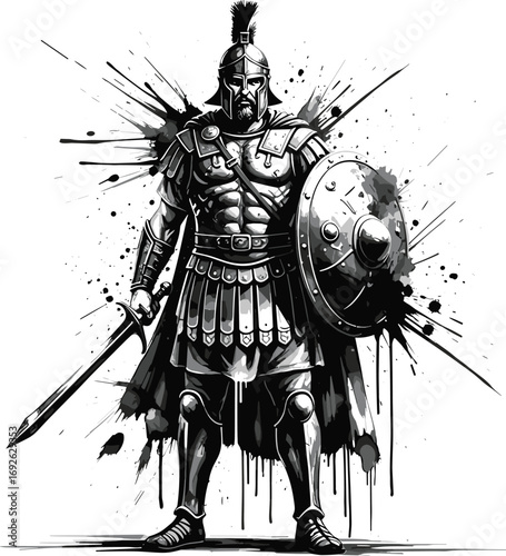 Black and White Warrior with Sword and Shield