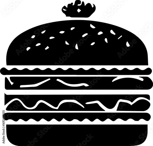 Black and white drawing of a hamburger with lettuce and tomato. The burger is cut in half and has a bun on top