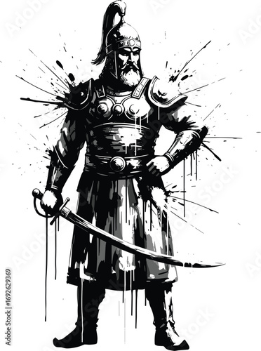 Black and White Warrior with Sword and Armor