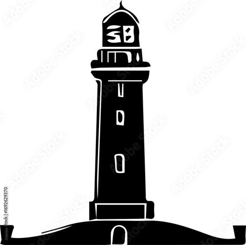 Lighthouse with the number 33 on it. The lighthouse is tall and black. It is a symbol of safety and guidance