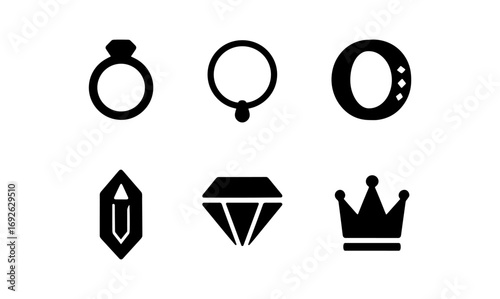 Minimalist jewelry icons featuring rings, diamond, necklace, gemstone, and crown