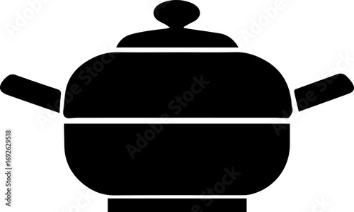 Black pot with a lid on top. The lid is slightly raised. The pot is sitting on a white background