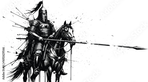 Warrior on horseback with spear, black and white illustration