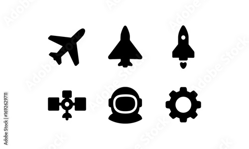 Silhouette icons of space and aviation: rocket, plane, satellite, and astronaut