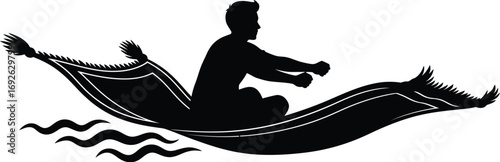 Silhouette of a person riding a magic carpet over wavy water, symbolizing adventure and fantasy.